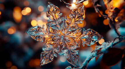 Detailed Ice Snowflake with Intricate Patterns in Soft Winter Light