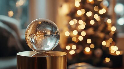 Poster - A crystal ball sits atop a golden pedestal, capturing the warm glow of twinkling lights from a nearby Christmas tree. The cozy atmosphere enhances the festive spirit during the holiday season.