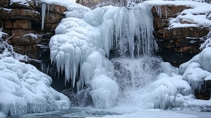 Frozen waterfall cascading down rocks, showcasing nature's icy beauty