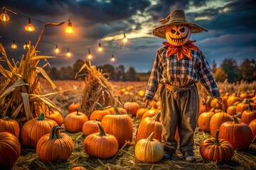 scarecrow jack in the pumpkin field, spooky halloween consept