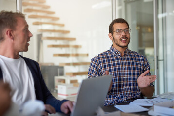 Poster - Business people, office and man in meeting talking for planning, teamwork and collaboration. Creative agency, company and men with documents, laptop and paperwork in discussion, review and feedback