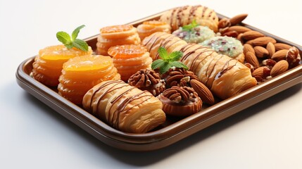 Wall Mural - A tray of assorted pastries, including croissants, fruit tarts, and pecan cookies, with almonds and mint leaves.