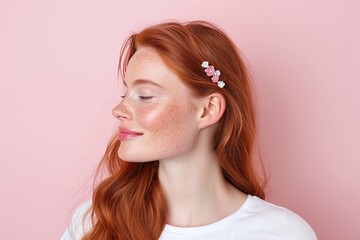 smiling woman with long red hair and pink floral hair clip, minimal makeup, closed eyes, natural bea