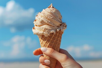 Close-up of a woman's hand holding a coffee-flavored ice cream cone, white background, capturing the rich, creamy texture