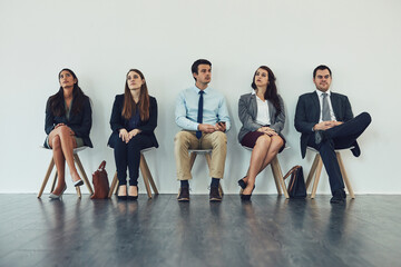 Poster - Business people, queue and bored for interview, recruitment and human resources with bags and diversity. Job candidates, line and annoyed for hiring, onboarding and vacancy in waiting room with delay