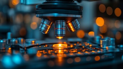Poster - A scientist is focused on examining a specimen through a high-powered microscope in a lab, illuminated by warm lights during the evening.