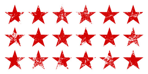 Red vintage stars with cracks and stains. Old hand-drawn sign, black simple shape. Retro design element with distressed effect, grunge texture. Vector illustration
