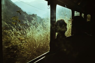 Poster - Figures in silhouette enjoying a scenic train journey through the rugged mountains, the clickety-clack of the tracks adding a soothing rhythm to the journey.