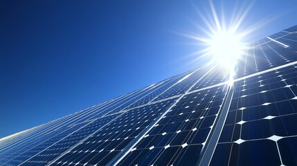 Solar panels glistening under bright sun, blue sky background.