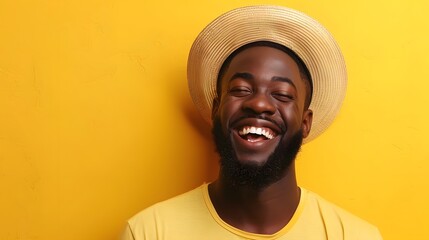 Happy summer man in a stylish straw hat on yellow wall