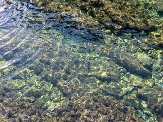 Poster - Sea water calm transparent surface with pebbles at the bottom