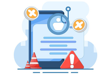 Wall Mural - phishing website warning concept. dangerous and suspicious website. account theft prevention. login page illustration with cross and warning. flat vector illustration on background.