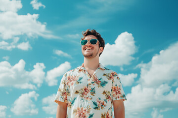 A young man in his thirties, wearing sunglasses and summer attire with floral patterns on the shirt, is smiling while standing at the beach. The background features a blue sky with white clouds,