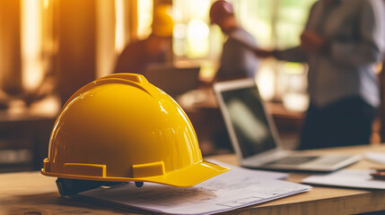 Construction site with workers, blueprints, and a yellow hard hat on a table with a laptop in the background