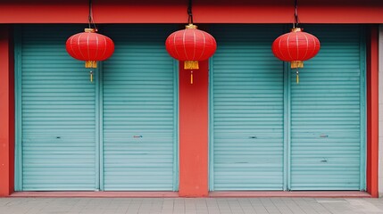 Three red lanterns hang in front of turquoise shutters on a vibrant red wall, creating a striking cultural aesthetic.