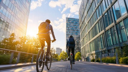 Two cyclists ride along a city path lined with modern buildings, basking in the warm glow of the evening sun.