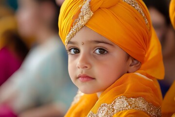 Portrait of a child in traditional yellow turban with focused expression