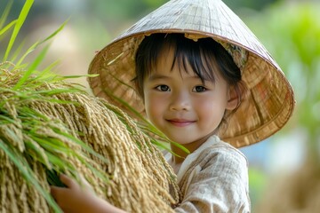 Smiling child in traditional hat holding rice bundle in countryside