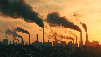 A silhouette of factories emitting smoke against a vibrant sunset, highlighting environmental pollution and industrial impact on nature.