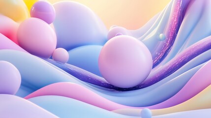 Poster - colorful abstract representation of soft waves and spherical shapes on a pastel background