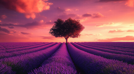 Wall Mural - Lavender field with a single tree in the middle, featuring purple and green colors, a beautiful landscape, photographic, hyper-realistic style.