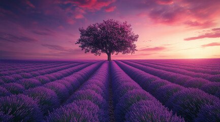 Wall Mural - Lavender field with a single tree in the middle, featuring purple and green colors, a beautiful landscape, photographic, hyper-realistic style.