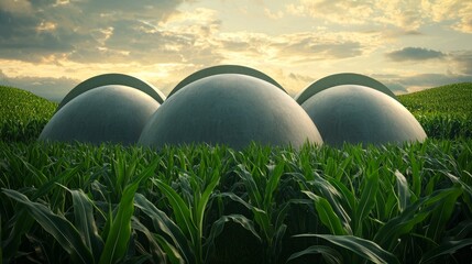 A modern biogas plant located in a lush green field, symbolizing sustainable energy production and eco-friendliness.