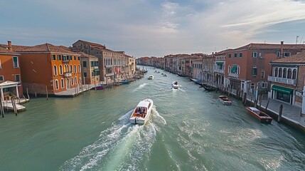 Scenic view of Murano Island's canal in Venice, Italy, with boats navigating the picturesque waterway