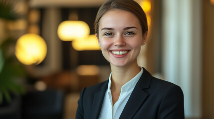 young businesswoman in a modern office lobby, smiling confidently in an elegant suit, exuding leader