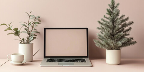 beech laptop on a light office table with decor in pastel colors