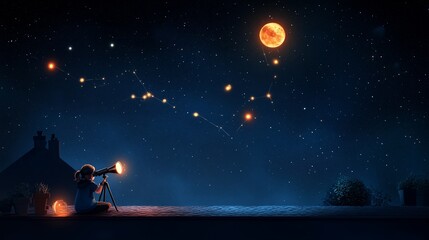 Wall Mural - child observing stars and the moon through a telescope on a clear night from a rooftop in a quiet ne