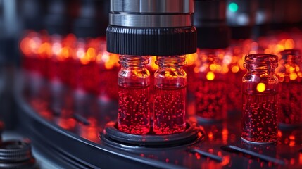 Poster - A high-tech laboratory is performing analysis on bright red liquid samples contained in glass vials. The equipment is designed for precise scientific examination.