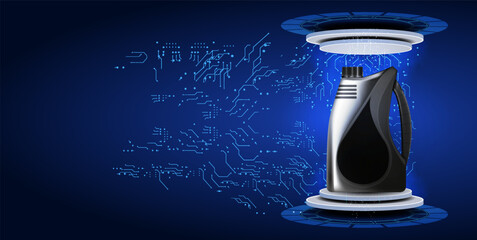 Poster - A futuristic fuel canister surrounded by digital circuits on a vibrant blue background at a technology-focused exhibition