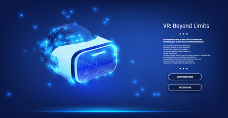 Poster - A futuristic virtual reality headset glowing with digital effects on a blue background, illustrating immersive technology and creativity