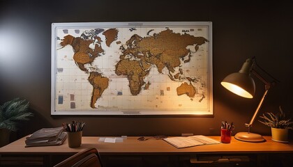 a large wall map with colored pins marking important locations dimly illuminated by a desk lamp creates a tense and focused atmosphere perfect for creating investigative or case solving visuals