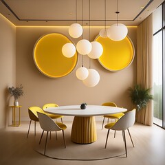 a round table surrounded by chairs in this simple design two light yellow and white pendant lights hang from above the beige background is decorated with large circles