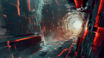 Futuristic Cityscape: Abstract Architecture and Glowing Tunnel