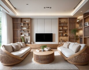 Canvas Print - this modern living room features two light colored curved sofas with a rattan pattern placed opposite each other the tv is in the middle surrounded by bookshelves that provide additional storage sp