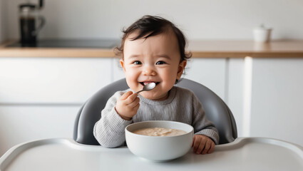 Wall Mural - adorable baby eating porridge in the kitchen