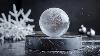 Poster - A clear sphere filled with floating particles is positioned on a sleek marble base, surrounded by a delicate snowflake decoration and festive ornaments, creating a serene winter ambiance.