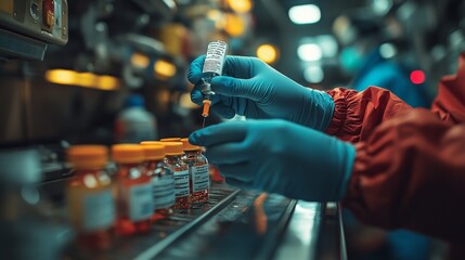Poster - A healthcare professional in gloves carefully fills a syringe from a labeled vial in a busy laboratory filled with medical supplies, focusing on precise dosage preparation.