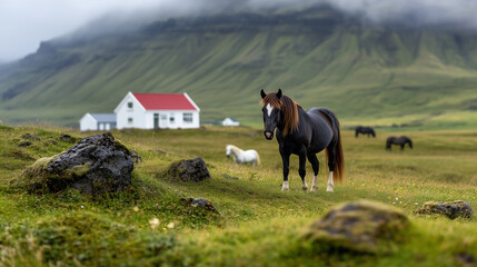 icelandic horses grazing on a lush green meadow with a traditional icelandic house and mountains in 