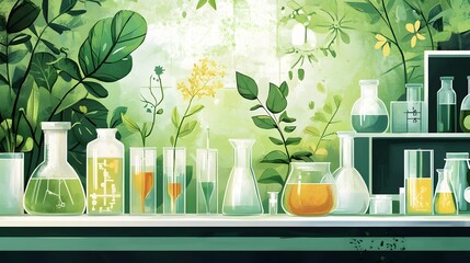 Wall Mural - Biology laboratory nature and science, Plants with biochemistry structure on green background. 