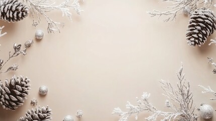 Poster - A beautiful arrangement of frosted pinecones and delicate branches creates a festive winter decoration. The neutral background enhances the wintry feel, perfect for holiday themes and celebrations.