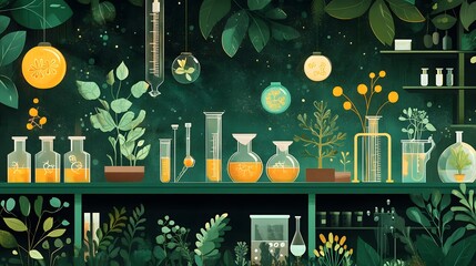 Wall Mural - Biology laboratory nature and science, Plants with biochemistry structure on green background. 