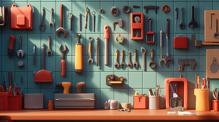 3D cartoon illustration of various tools hanging on a workshop wall   