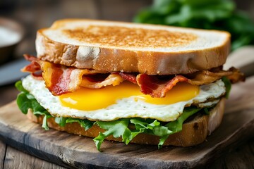 Wall Mural - A delicious breakfast sandwich with a fried egg, bacon, melted cheese and lettuce