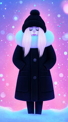 Wall Mural - Blonde in a warm coat stands under a snowfall