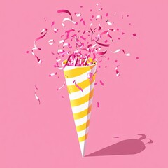 Wall Mural - Firecracker explodes with serpentine as part of the surprise or winner concept. Birthday and anniversary cone poppers with flying confetti. 3d rendering illustration.