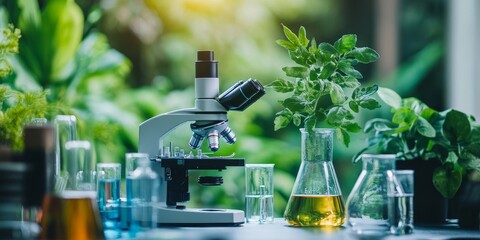 Leinwandbilder - Laboratory setting with a focus on a microscope examining a plant sample, surrounded by chemical glassware and biochemistry tools